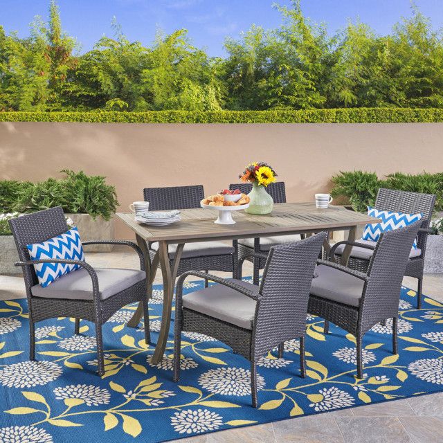 Gdf Studio 7-Piece Rene Outdoor Wood And Wicker Dining Set, Gray Finish ... within Gdf Studio 7-Piece Dionlynn Outdoor Aluminum Dining Set, Gray/Gray