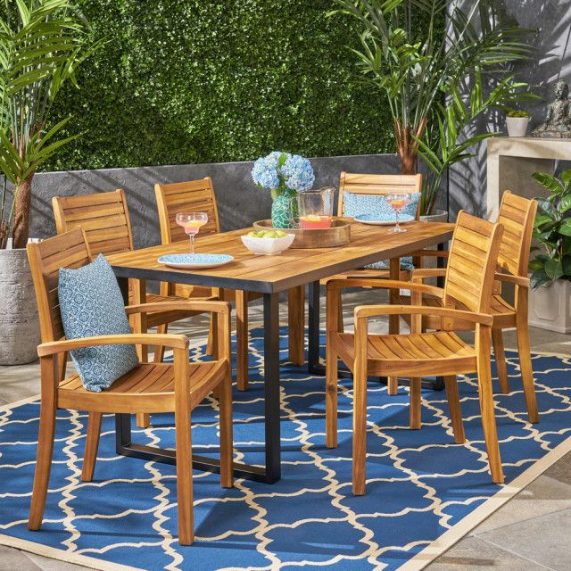 Gdf Studio Alderson Outdoor 6-Seater Rectangular Acacia Wood Dining Set ... throughout Gdf Studio Avalon Outdoor 6-Seater Rectangular Acacia Wood Dining Set, Teak