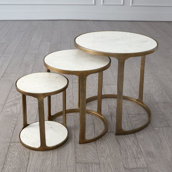 Global Views 3 Piece Marble Top Nesting Table Set-Brass | Wayfair inside Set Of 3 Marble Top Nesting Tables, Brass