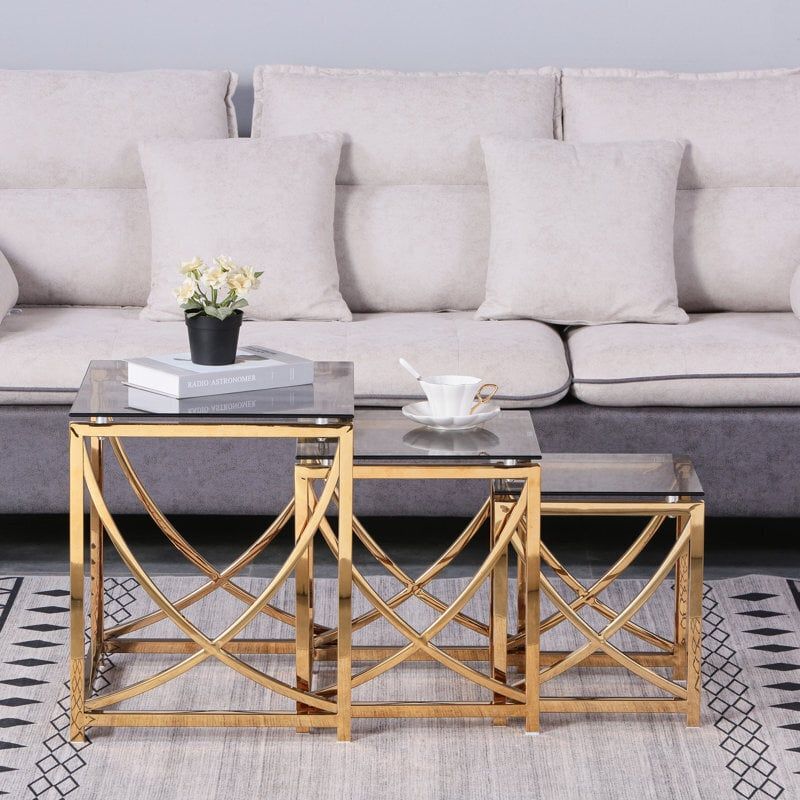 Gold Nesting Tables - Designer Picks & 153 Real Photos for Contemporary 17875" X 24" Iron Glass Brushed Gold Nesting Tables