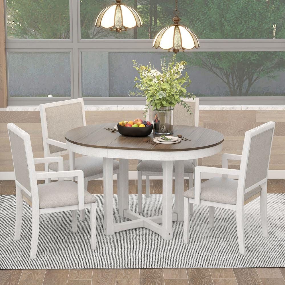 Harper & Bright Designs 5-Piece Brown And White Round To Oval Mdf Top ... for 28Sq Brown Table Set W/Rattan
