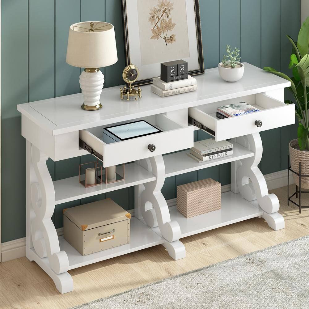 Harper & Bright Designs Retro 54.1 In. Antique White Rectangle Wood Console Table With Open ... throughout Antique White Console Table With Carved Legs, Two Drawers & Open Shelf