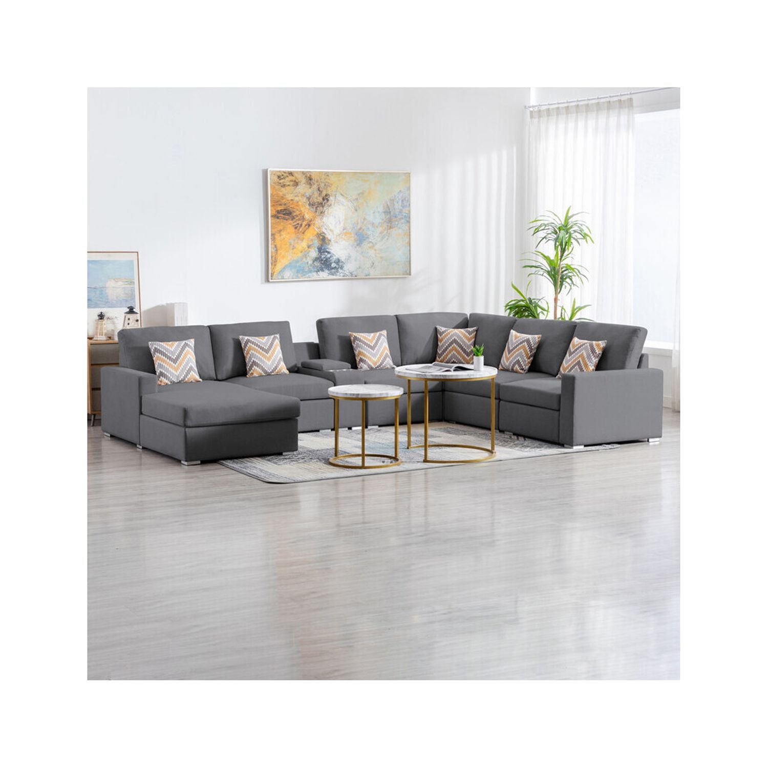 Homestock Classic Comfort Linen Fabric 7Pc Reversible Chaise Sectional ... for Nathan Gray Fabric Reversible Sectional Storage Chaise Usb Charging Ports