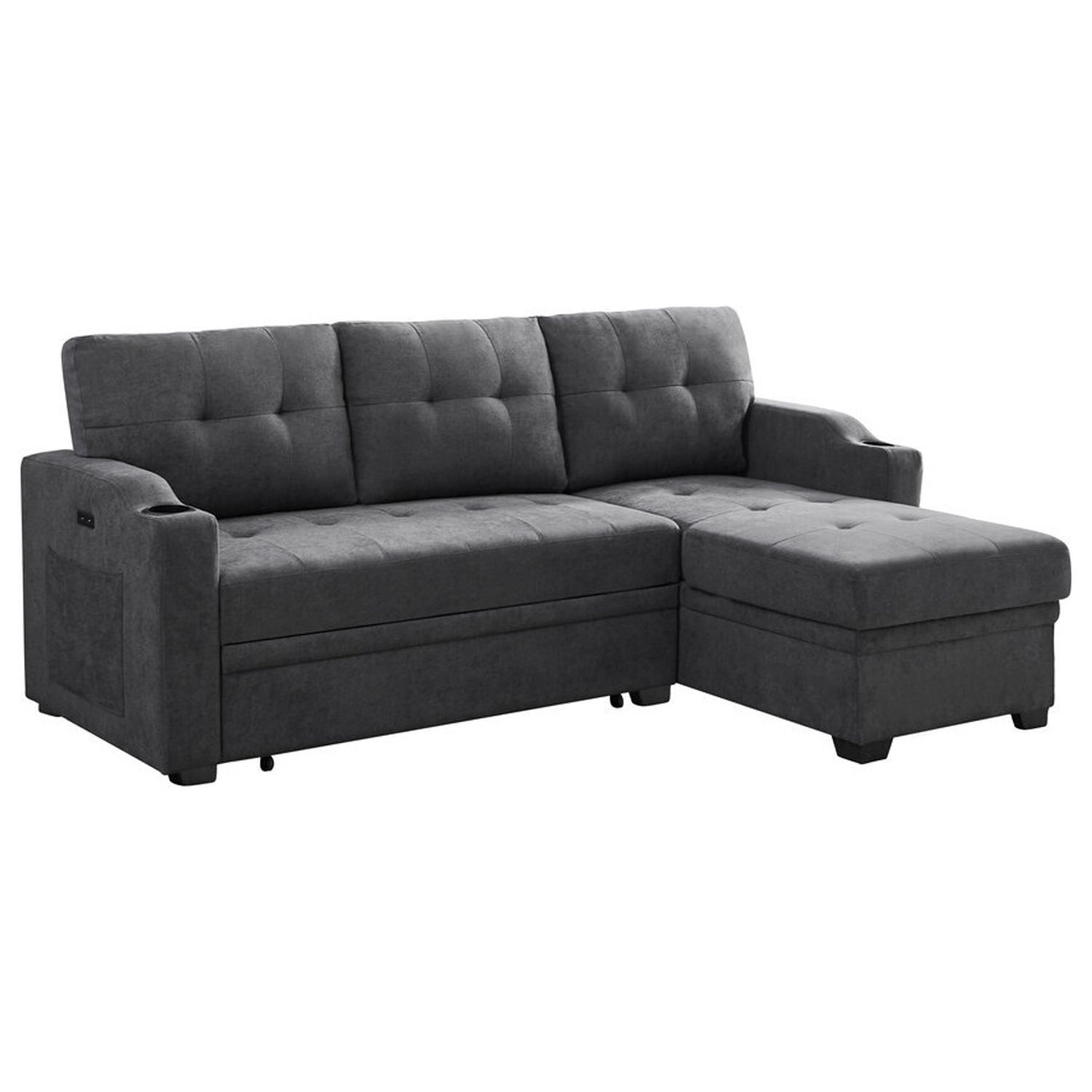Homestock Seaside Serenity Dark Gray Woven Fabric Sleeper Sectional With Cupholder, Usb Charging ... throughout Is the Toby Gray Reversible Sectional the Right Fit for Your Living Room