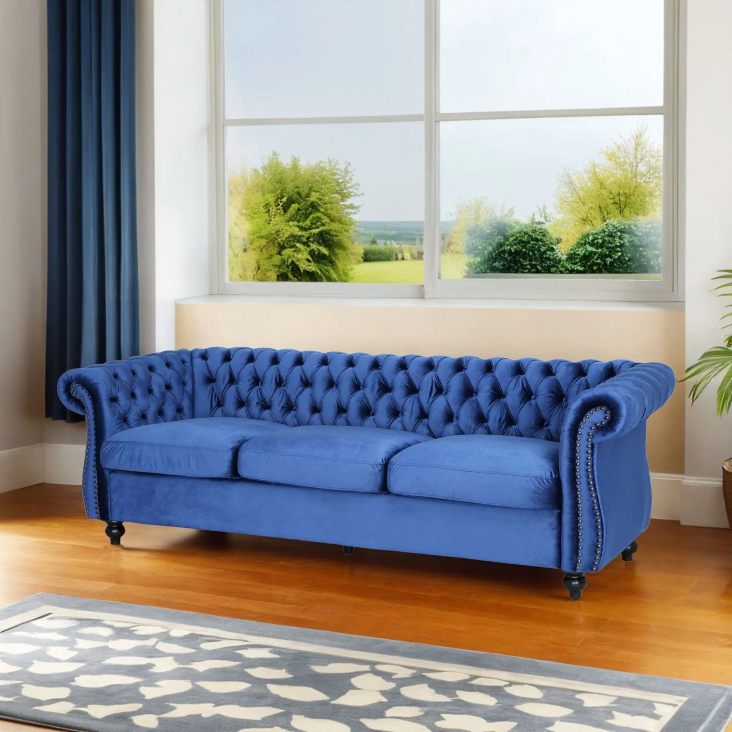House Of Hampton® Elaiza Upholstered Rolled Arm Chesterfield Sofa, Pu ... throughout Upholstered Sofa With Sleeper With Rolled Armrests In Blue