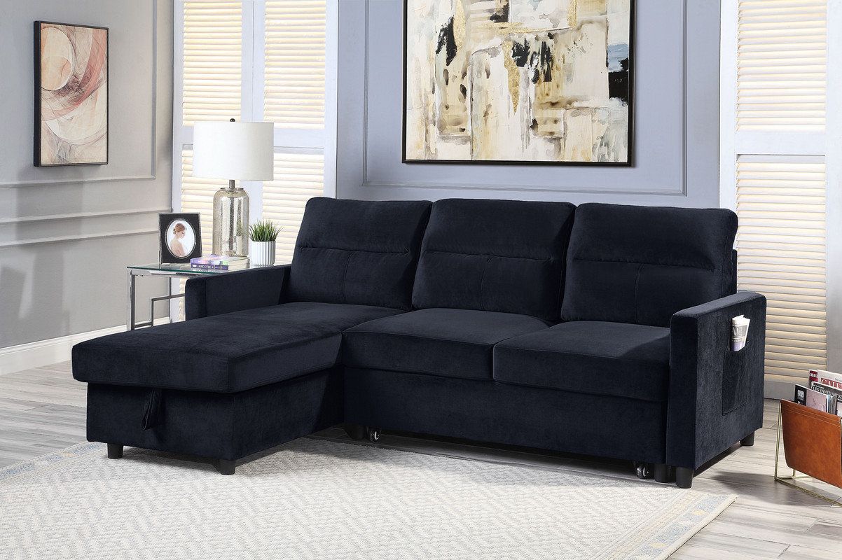 Ivy Black Velvet Reversible Sleeper Sectional Sofa, Storage Chaise ... with regard to Ivy Light Gray Velvet Reversible Sleeper Sectional Storage Chaise Sidepocket