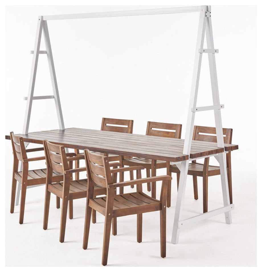 Jenny Outdoor Acacia Wood And Iron Planter Dining Set - Transitional ... throughout Jenny Outdoor Acacia Wood And Iron Planter Dining Set, Orange/Multi Red
