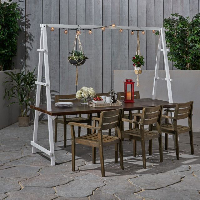 Jenny Outdoor Acacia Wood And Iron Planter Dining Set - Transitional ... with Jenny Outdoor Acacia Wood And Iron Planter Dining Set, Orange/Multi Red
