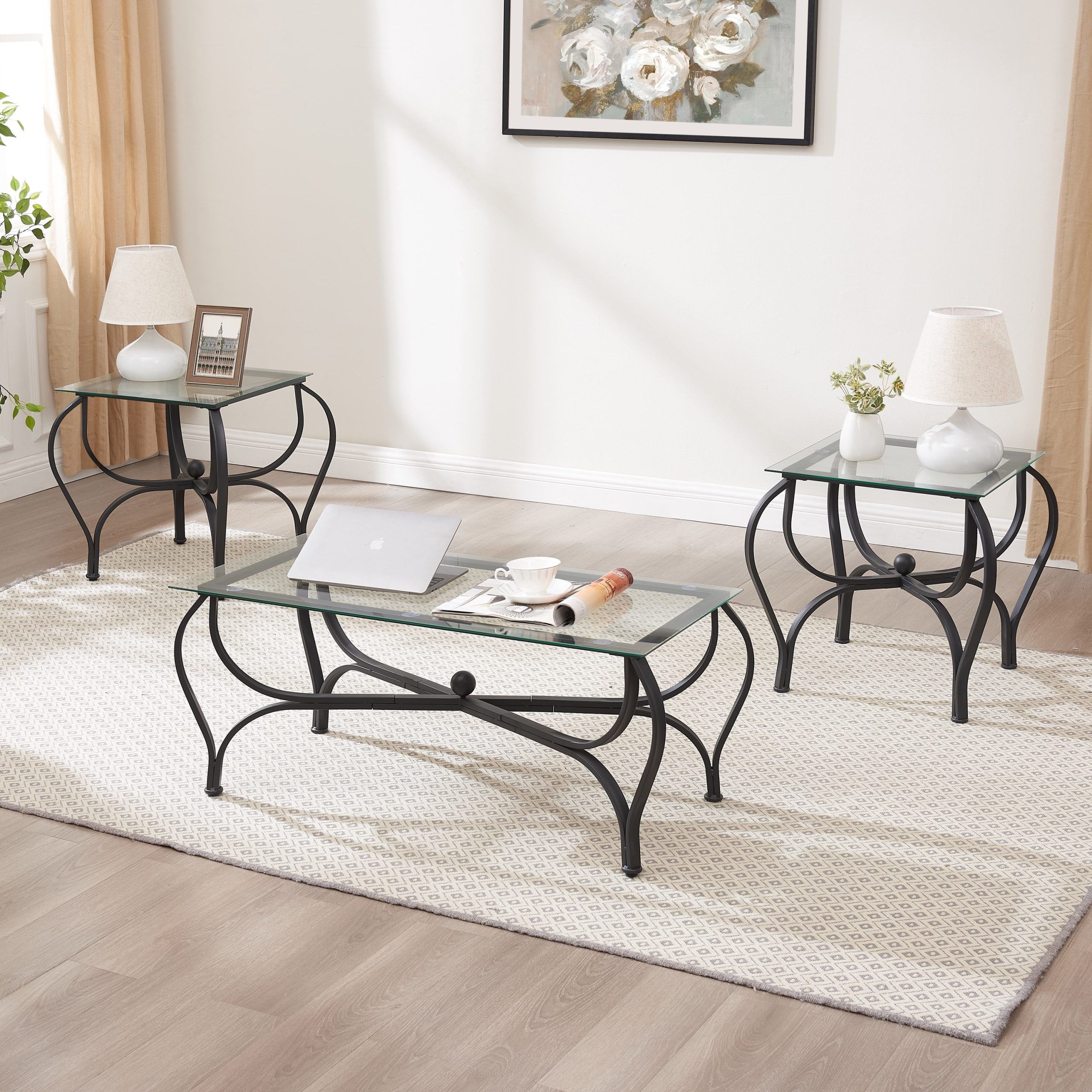 Jrhrxxy Black Tempered Glass Coffee Table Set, 3-Piece With Modern Rectangular Coffee Table ... regarding A Closer Look at the Soho 2 Piece Modern Coffee and End Table Set