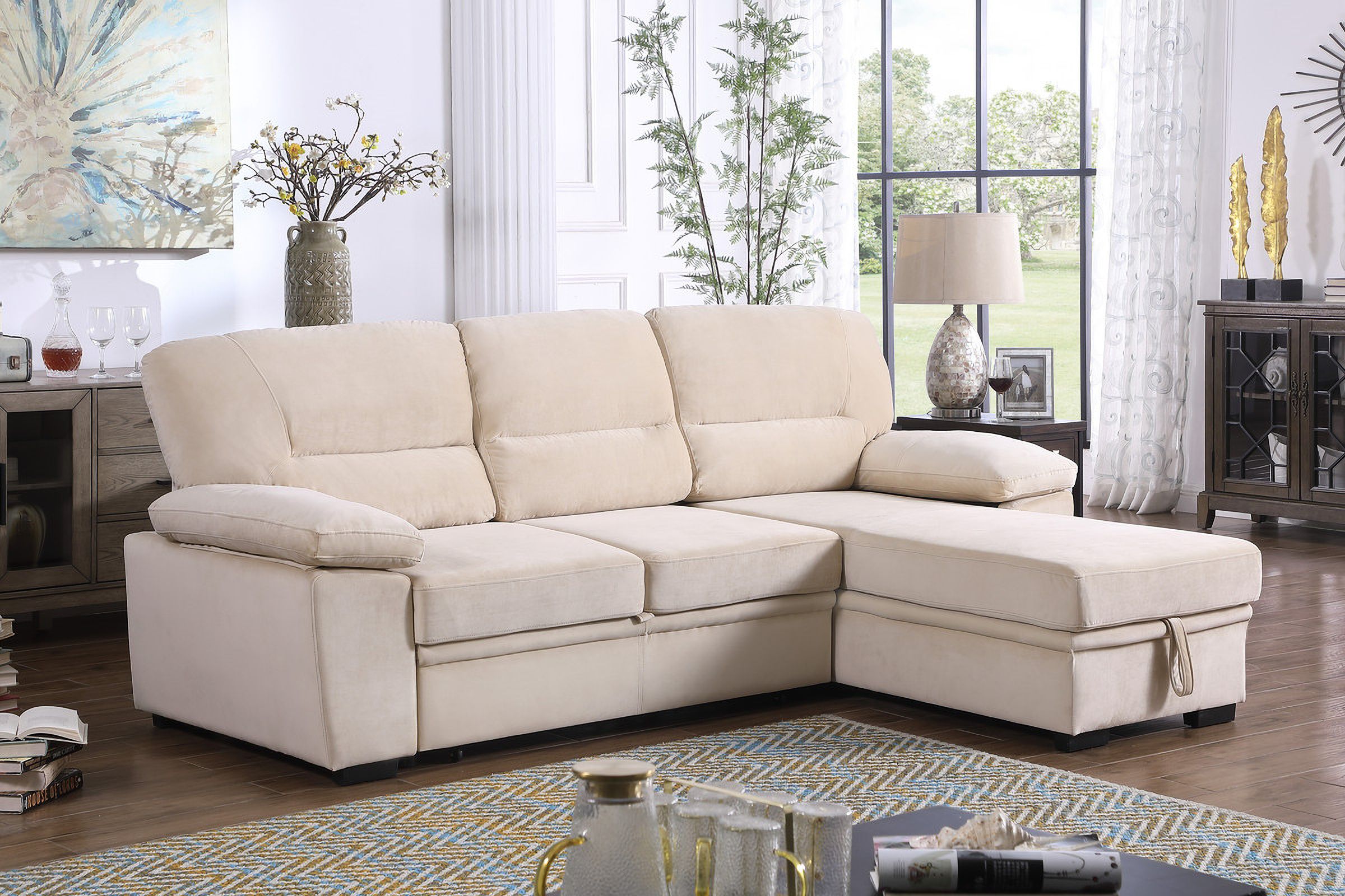 Kipling Beige Velvet Fabric Reversible Sleeper Sectional Sofa Chaise By ... with regard to Transform Your Living Space with the Maklaine Gray Linen Sleeper Sofa
