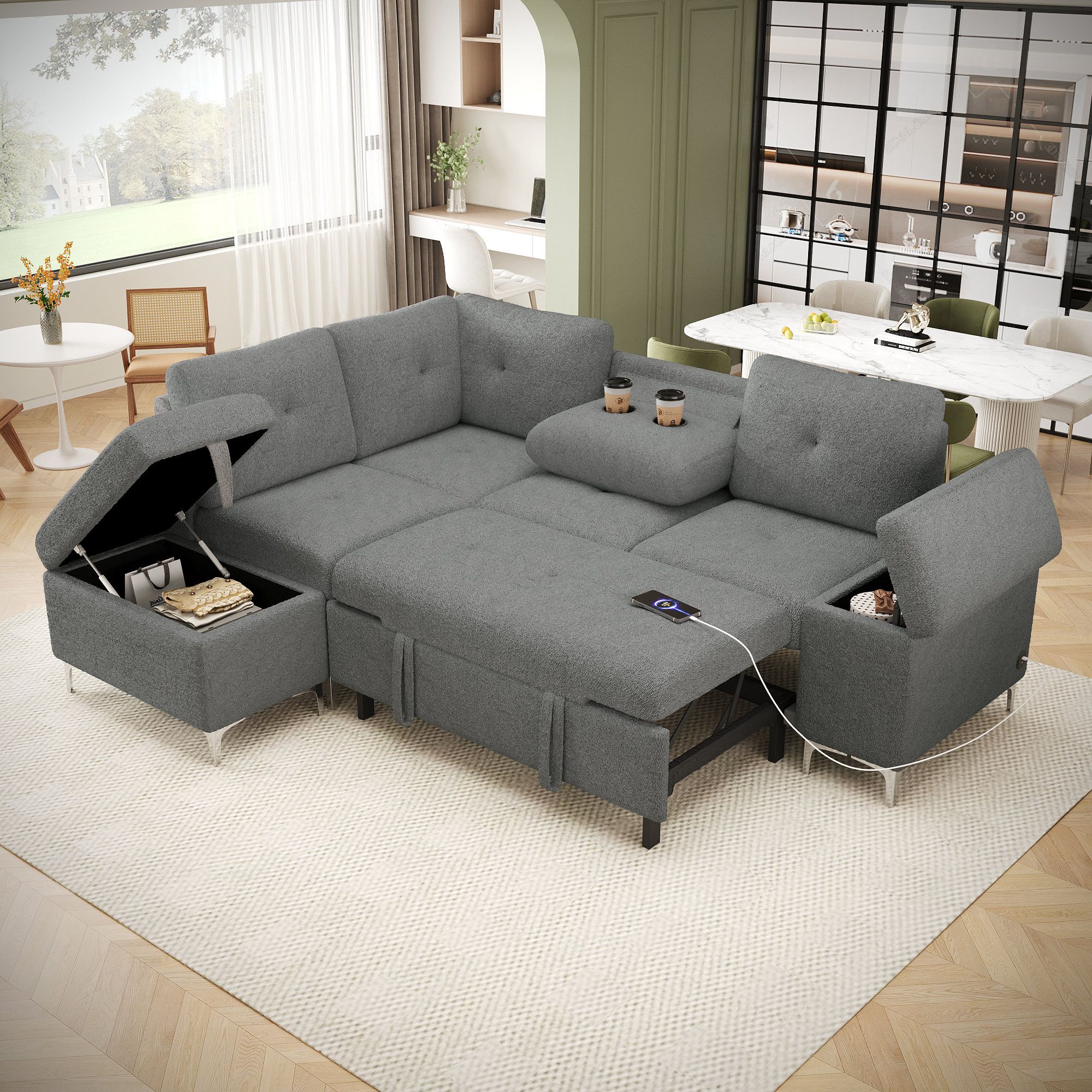 Latitude Run® Cullen Convertible Chenille Sofa Bed With Storage, Cup ... intended for Transforming Small Spaces with a Convertible Chenille Sofa Bed