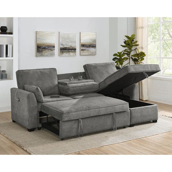 Latitude Run® Ember 92"W Fabric Sleeper Sectional With Reversible ... inside Nathan Gray Fabric Reversible Sectional Storage Chaise Usb Charging Ports