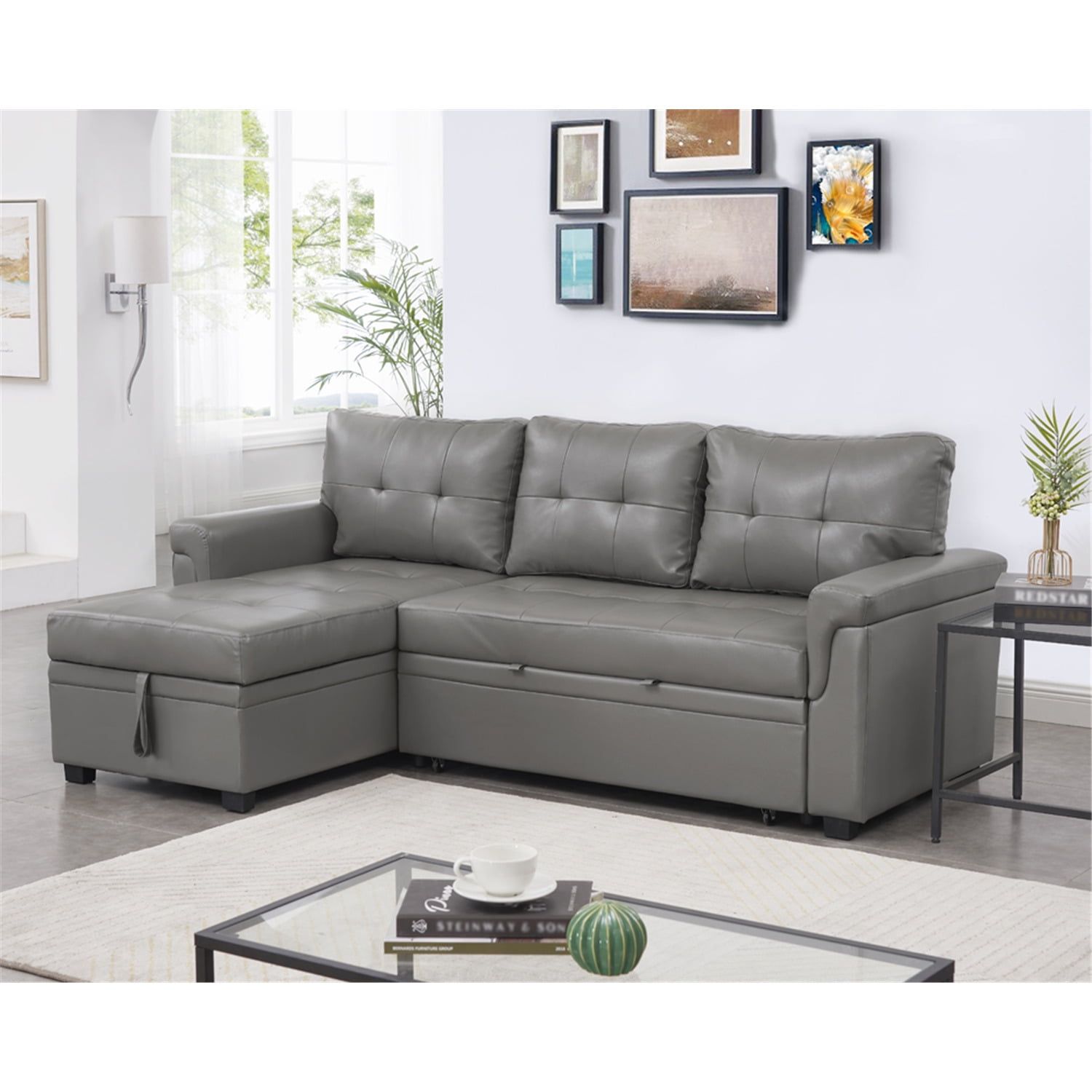 Laura Reversible Sleeper Sectional Sofa Storage Chaise By Naomi Home ... with regard to Maklaine Gray Linen Fabric Reversible Sleeper Sofa Storage Chaise
