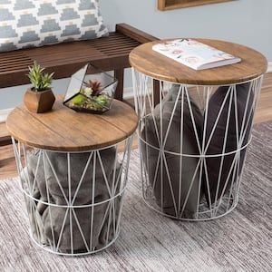 Lavish Home Cherry 2-Piece Nesting Veneer Metal And Wood Round Accent ... with regard to Bone Veneer Nesting Table, Brass, 2-Piece Set