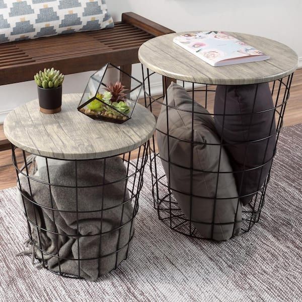 Lavish Home Gray 2-Piece Nesting Veneer Metal And Wood Round Accent ... pertaining to Understanding the Craftsmanship Behind Brass Bone Veneer Table Sets