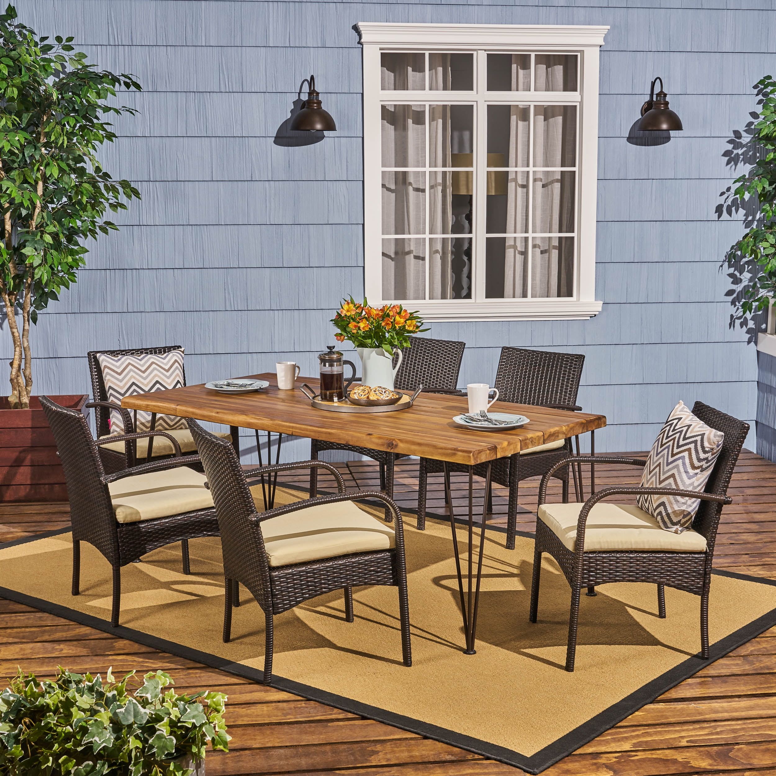 Leon Outdoor 72 Inch 7 Piece Acacia Wood Dining Set With Iron Table ... throughout Elevating Your Outdoor Dining Experience with Acacia