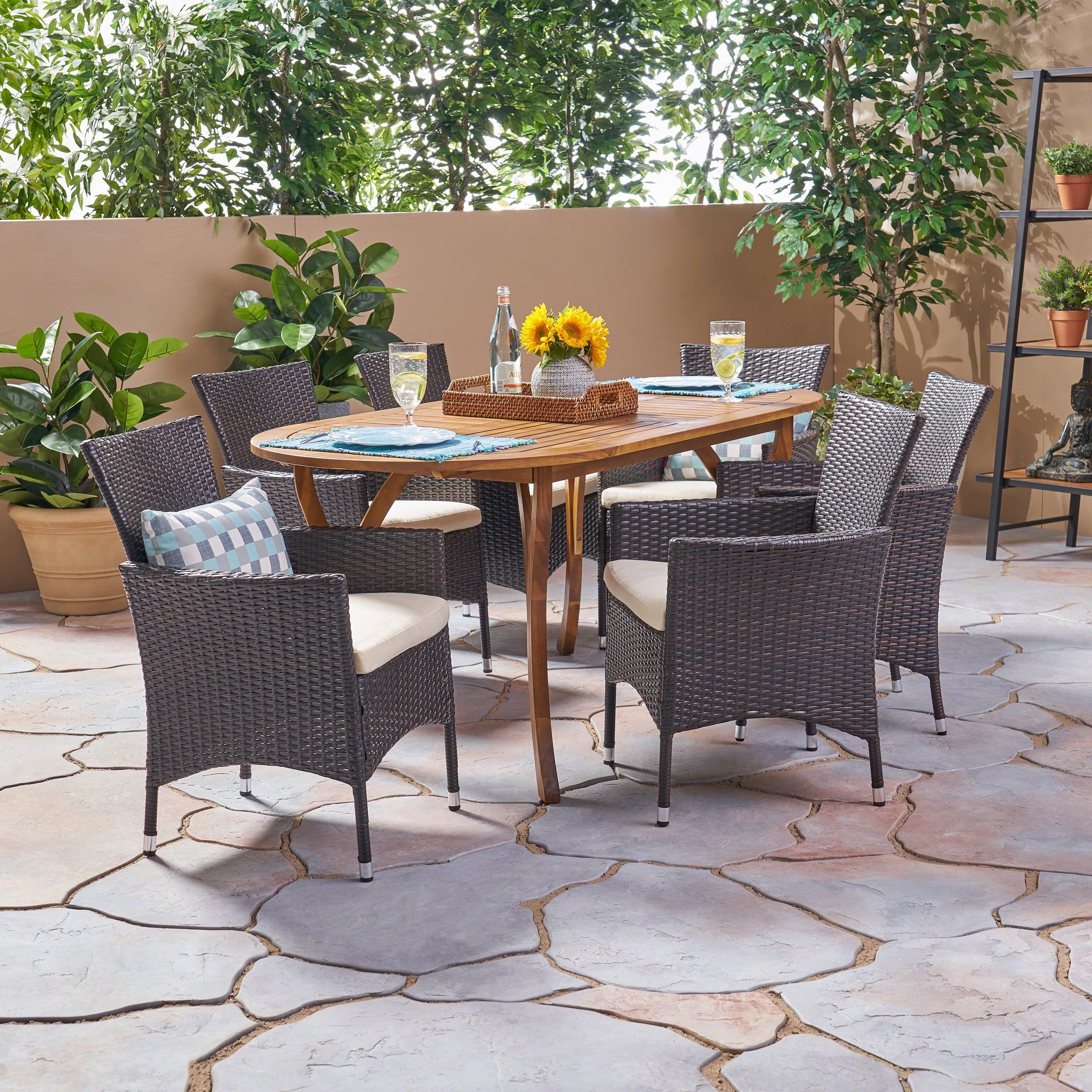 Lillianna Outdoor 7 Piece Acacia Wood And Wicker Dining Set With ... regarding 7-Piece Acacia Patio Dining Set With Cushions, Dark Brown