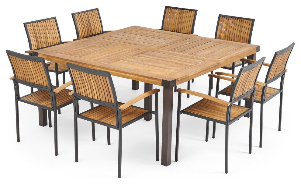 Liz Outdoor 8 Seater Acacia Wood Dining Set - Transitional - Outdoor ... within Liz Outdoor 8 Seater Acacia Wood Dining Set