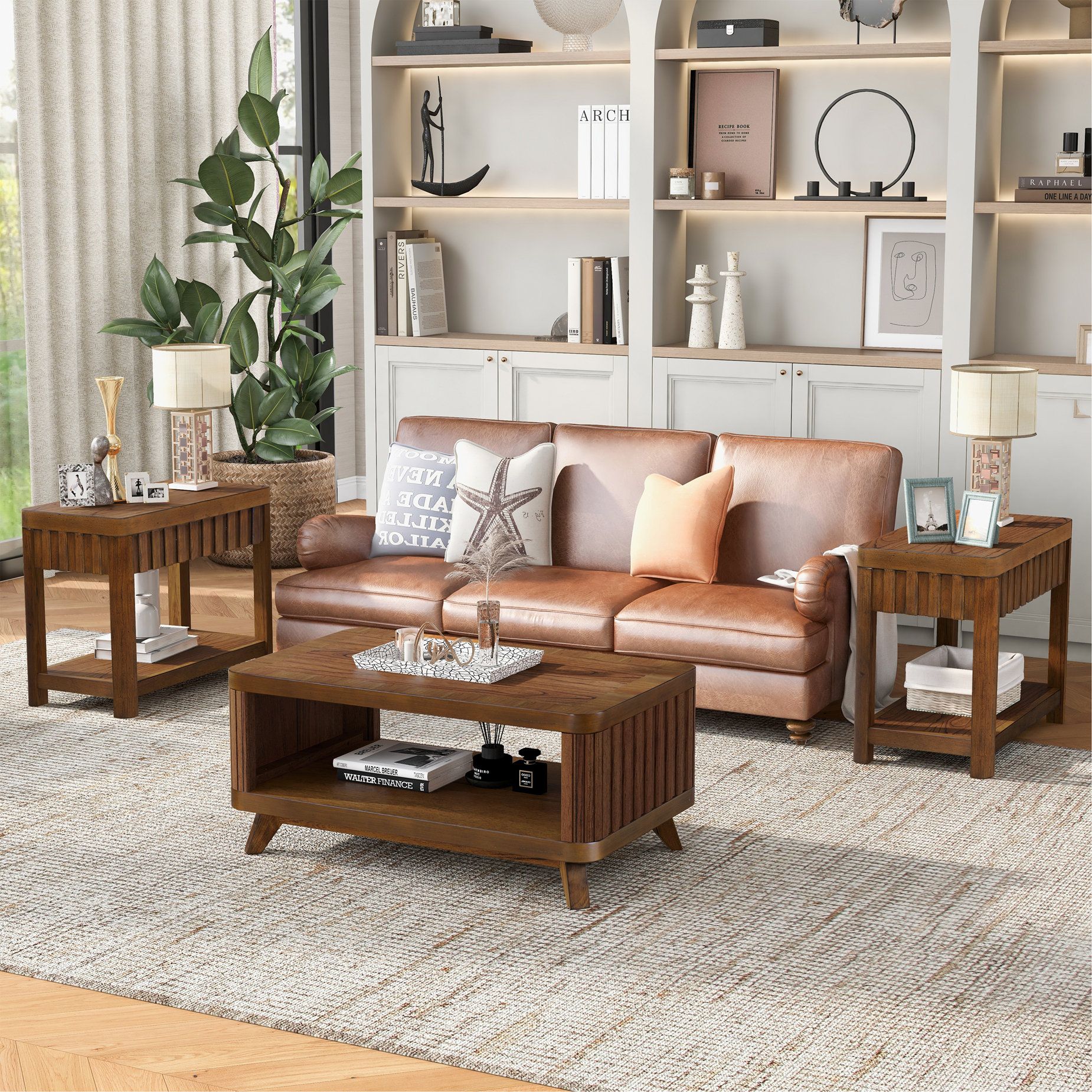 Loon Peak® Rectangular Living Room Coffee Table Set, 3-Piece Living ... for 3 Piece Coffee Table Set With Coffee Table And Set Of 2 End Tables In Gold