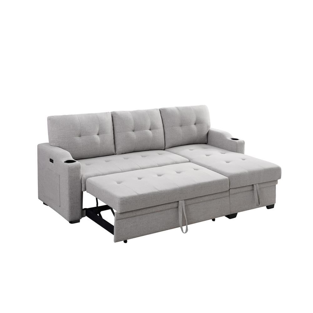 Mabel Reversible Sofa With Storage Chaise, Light Gray Linen Fabric Sleeper Sectional, Built-In ... with Toby Woven Fabric Reversible Sleeper Sectional With Storage, Cupholder, Gray