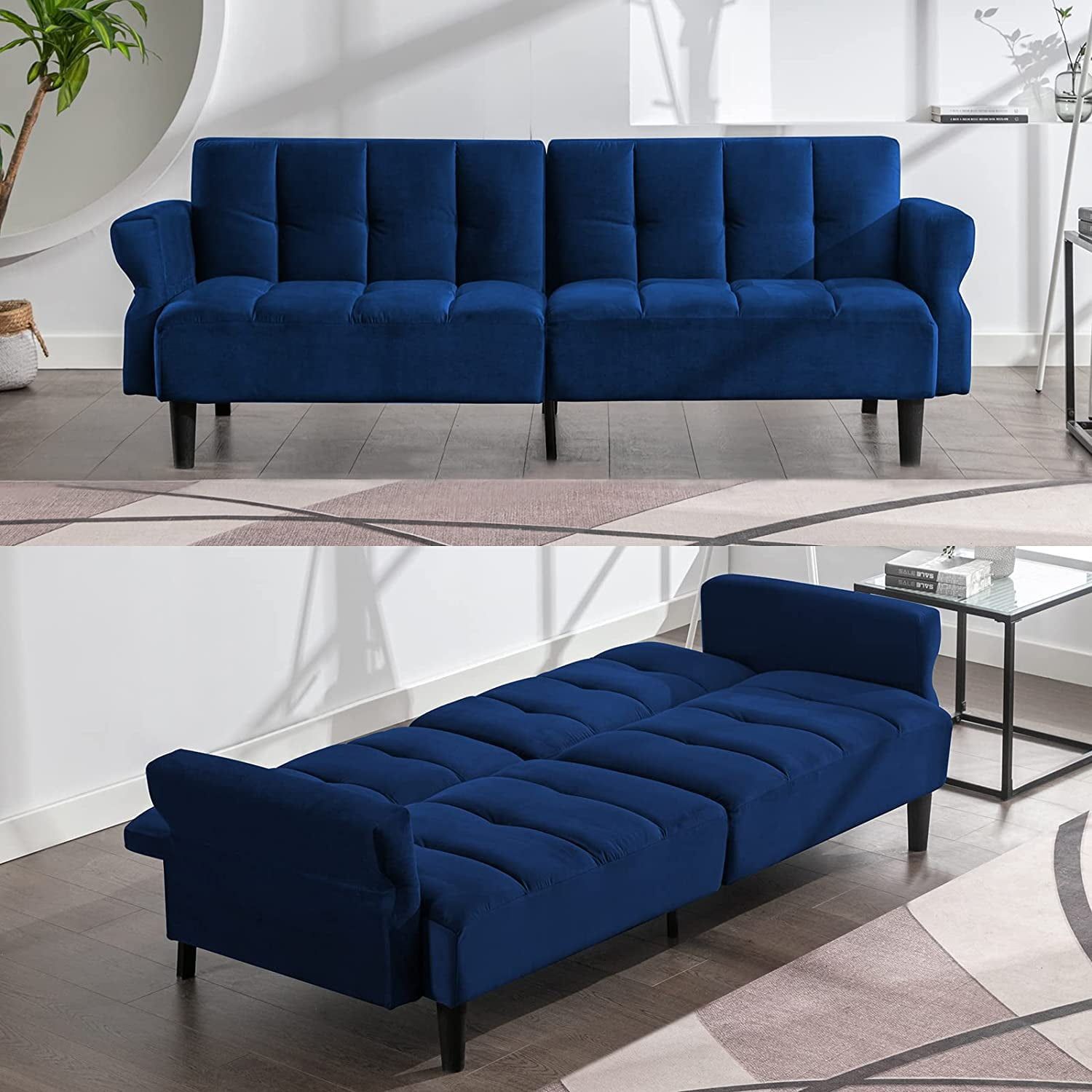"Mjkone 77"" W Convertible Futon Sofa Bed, Velvet Sleeper With ... intended for Upholstered Sofa With Sleeper With Rolled Armrests In Blue