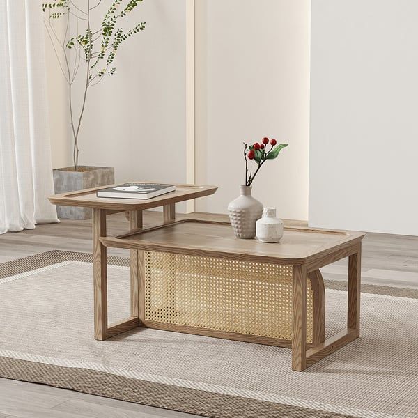 Modern 2 Piece Nesting Rattan Wood Coffee Table Set In Natural | Homary with Understanding the Benefits of Rattan Nesting Furniture with Amaya