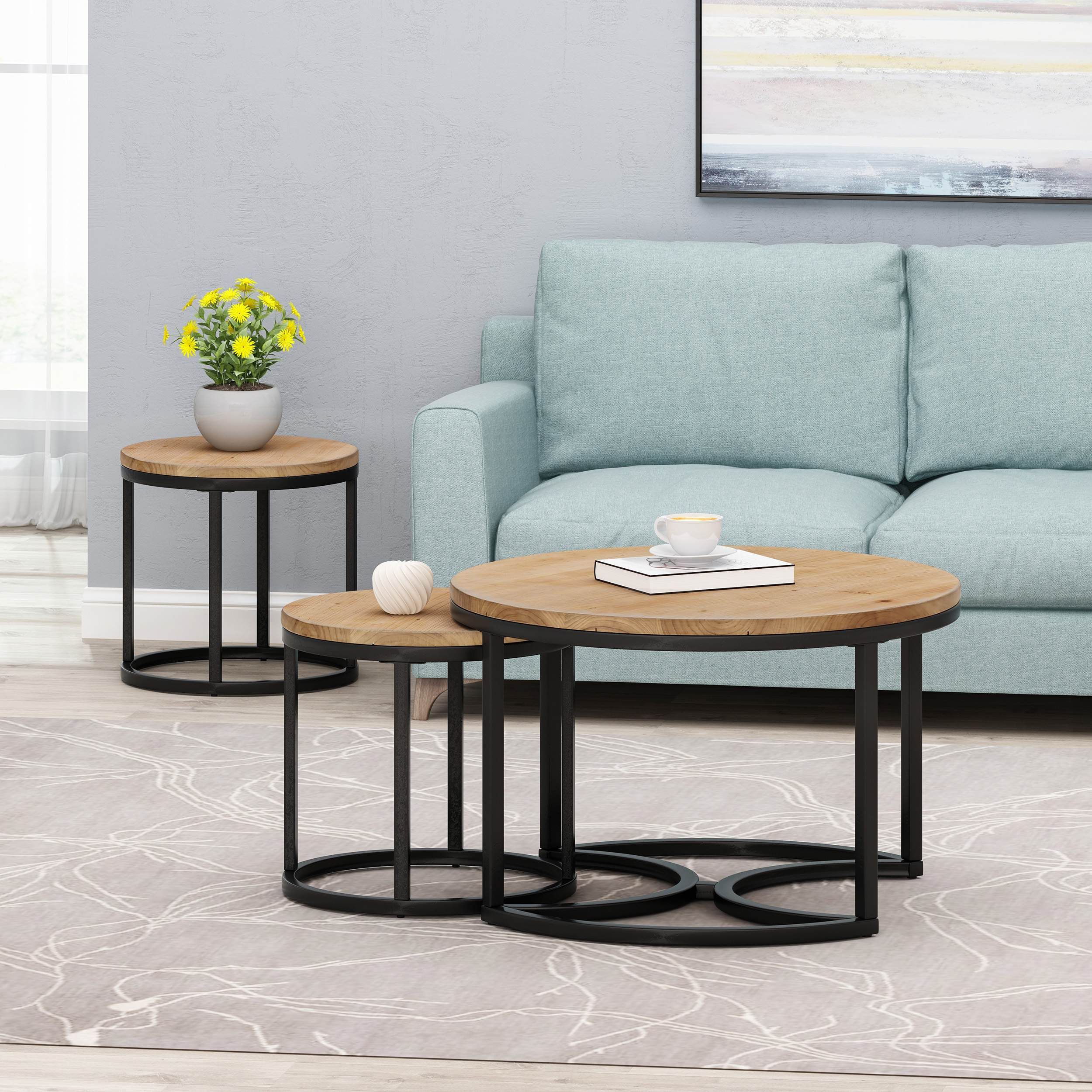 Modern Industrial Fir Wood Nested Coffee Table Set, Black | Aosom.com in Industrial 3-Piece Coffee Table Set, Fir Wood Tops With Nesting Metal Frames
