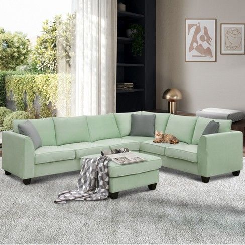 Modular Sectional Sofa 7 Seats With Ottoman L Shape Fabric Sofa Corner Couch Set With 3 Pillows ... in 2-Piece Modular Sectional Sofa, Soft Crocheted Yarn Fabric, Green