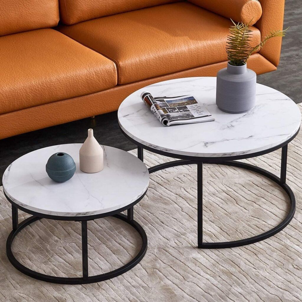 Nesting Black And White Coffee Table With Faux Marble Tabletops Matte ... in Modern Nesting Coffee Table Set With Black And White Faux Marble Tops