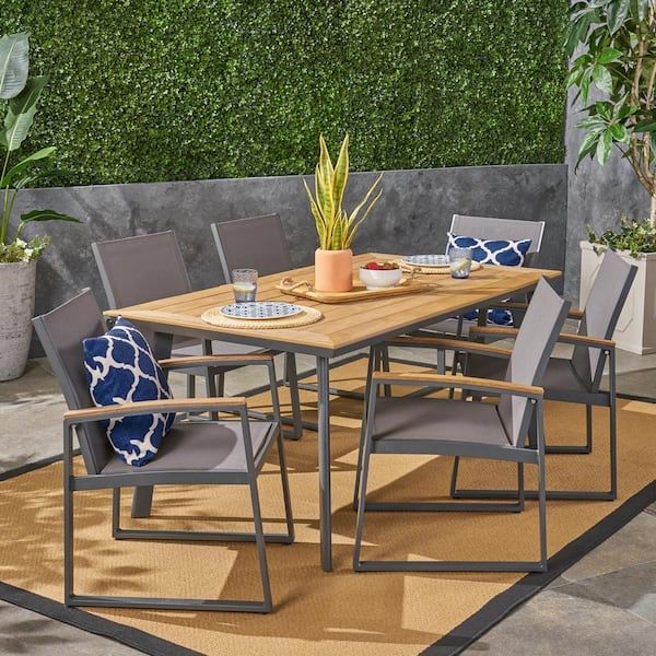 Noble House Leeds Gray 7-Piece Aluminum Outdoor Patio Dining Set With ... intended for Expert Insights on Maintaining Your Abbott Outdoor Faux Wood Dining Table