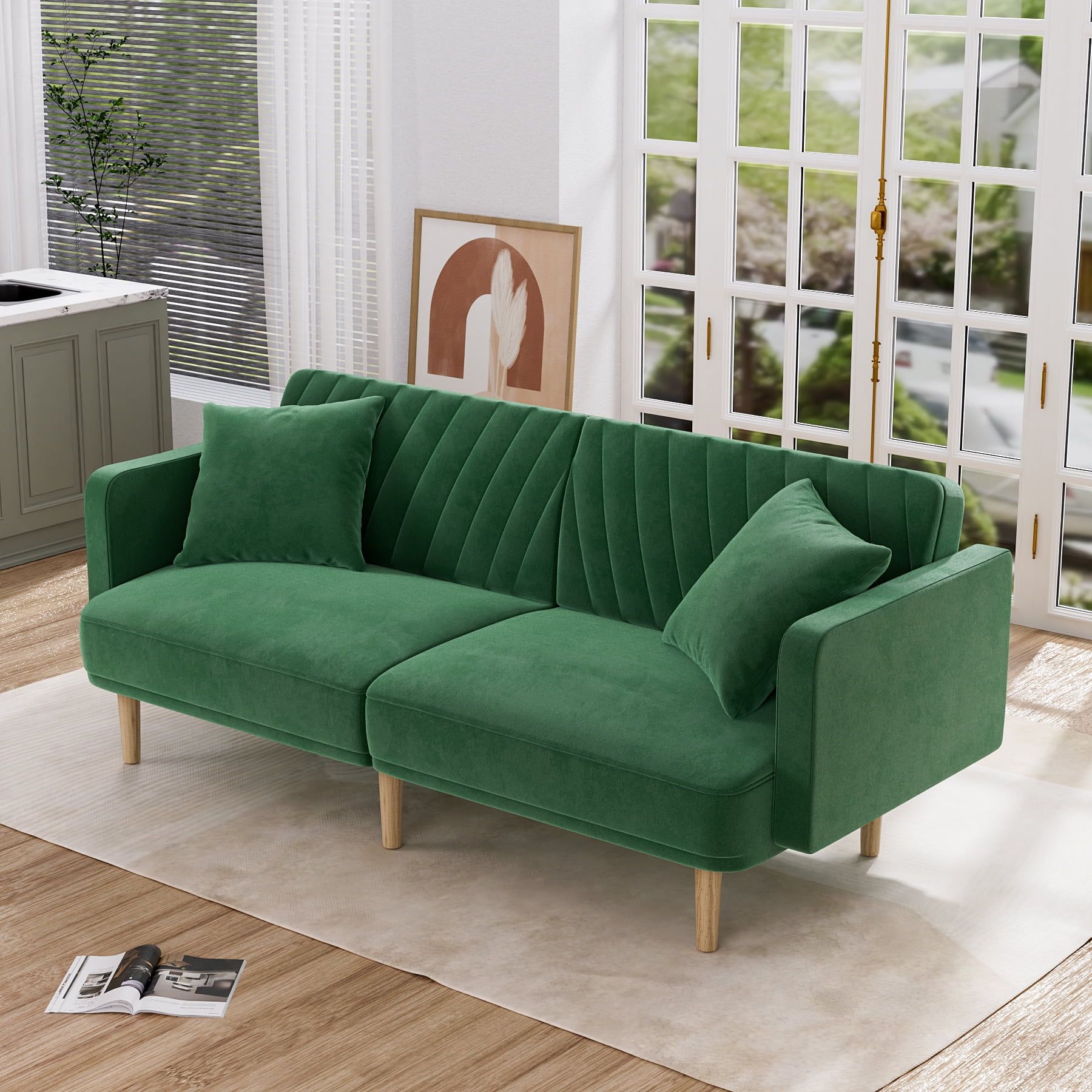 Ouyessir Velvet Futon Sofa Bed,Modern Convertible Futon Couch With 2 ... inside Velvet Futon With 2 Pillows, Square Tufting & 3 Adjustable Backrest Angles