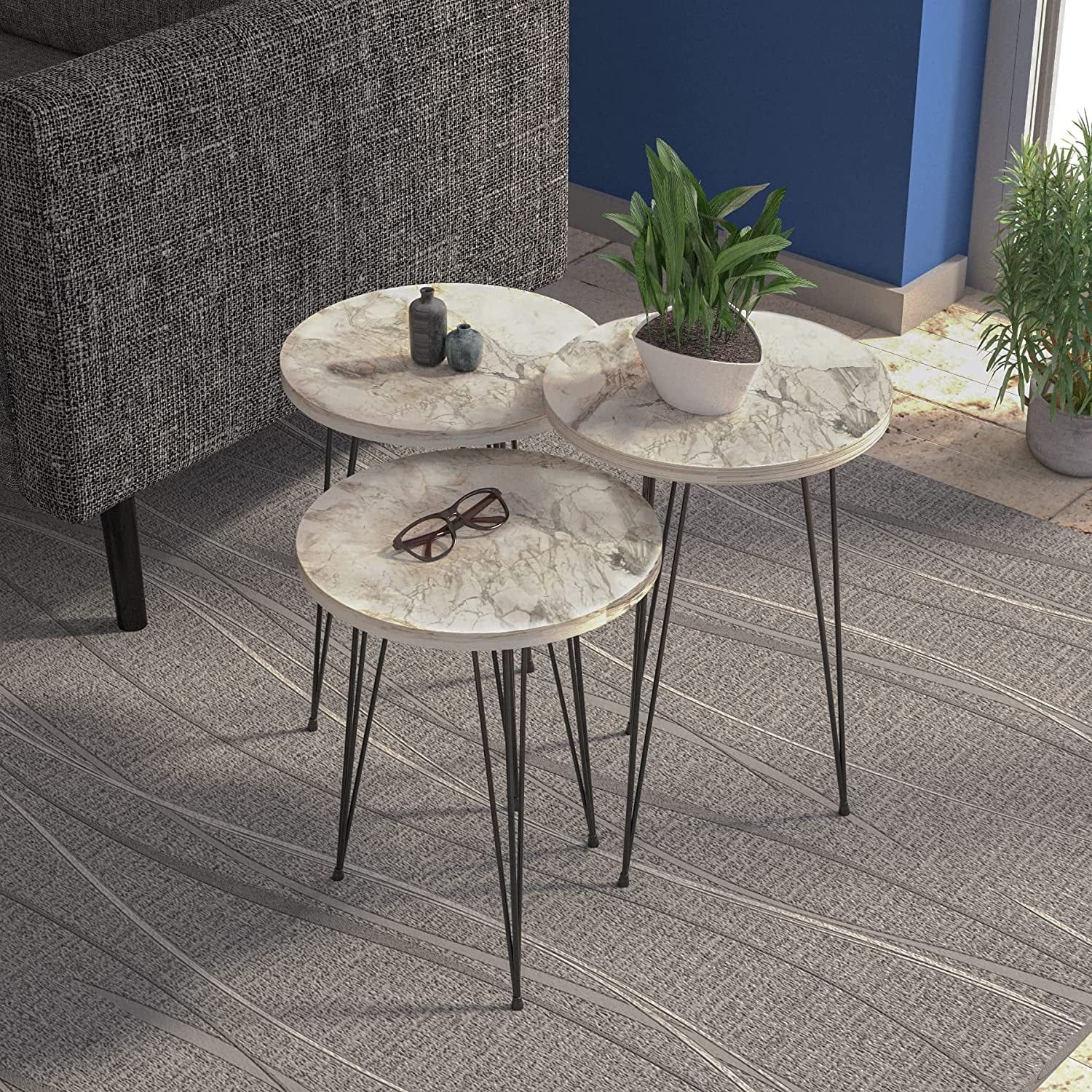 Pak Home Set Of 3 White Marble Nesting End Tables Round Wood Stacking ... with Wood & Marble Nesting End Tables, Larkin Ii