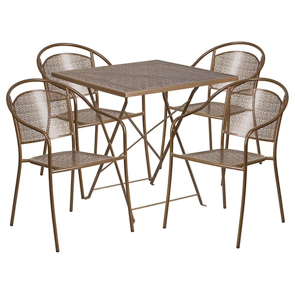 Patio Steel Folding Table 28" Square With 4 Round Back Chairs In Gold - Restaurant Furniture ... with regard to Effortless Entertaining How to Style Your 28'' White Steel Patio Set