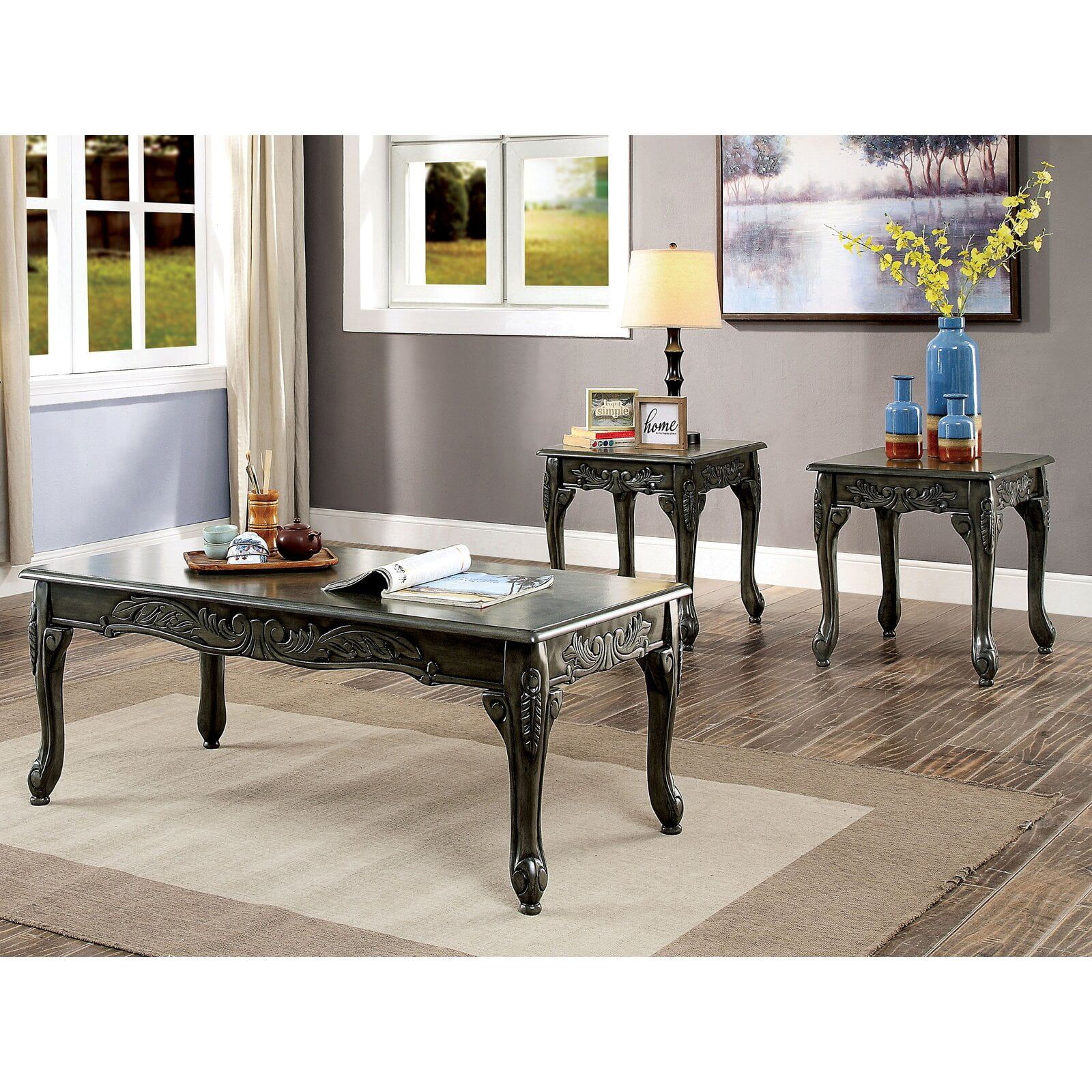 Ressie 3 Piece Coffee Table Set, Coffee Table: 18" H X 48" L X 24" W ... in 3 Piece Coffee Table Set With Coffee Table And Set Of 2 End Tables In Gold