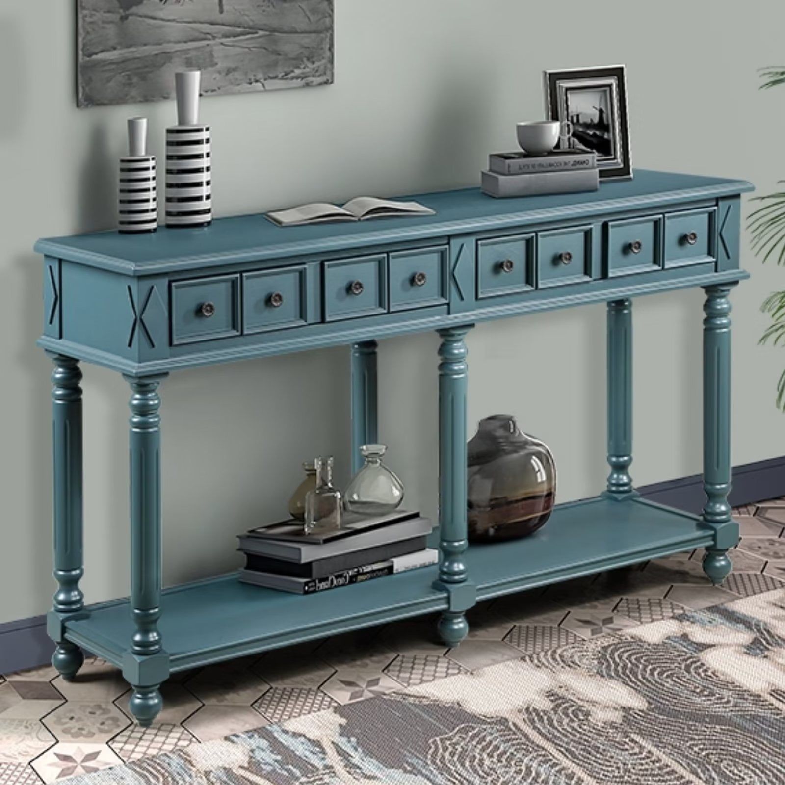 Retro Side Table, Entryway Console Table With 2 Drawers And Open Bottom ... for Farmhouse Console Table With 2 Drawer And Bottom Storage Shelf For Entryway, Blue