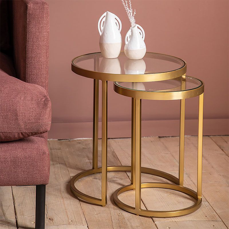 Set Of 2 Nesting Gold Metal And Clear Glass Side Table End Tables | Picture Perfect Home within Andover 2-Piece Nesting Table Set, Clear Glass And Gold
