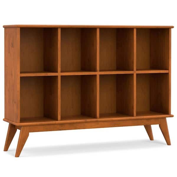 Simpli Home Draper 57 In. Teak Brown Wide Rectangle Mid Century Modern ... within Amherst Solid Wood 8 Cube Storage Sofa Table, Hickory Brown