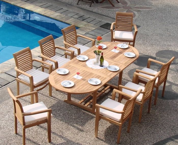 Teak Dining Set:8 Seater 9 Pc - 94" Mas Oval Table (Trestle Leg) And 8 Mas Stacking Arm Chairs ... inside Maximizing Comfort and Style with Wave Stacking Armchairs