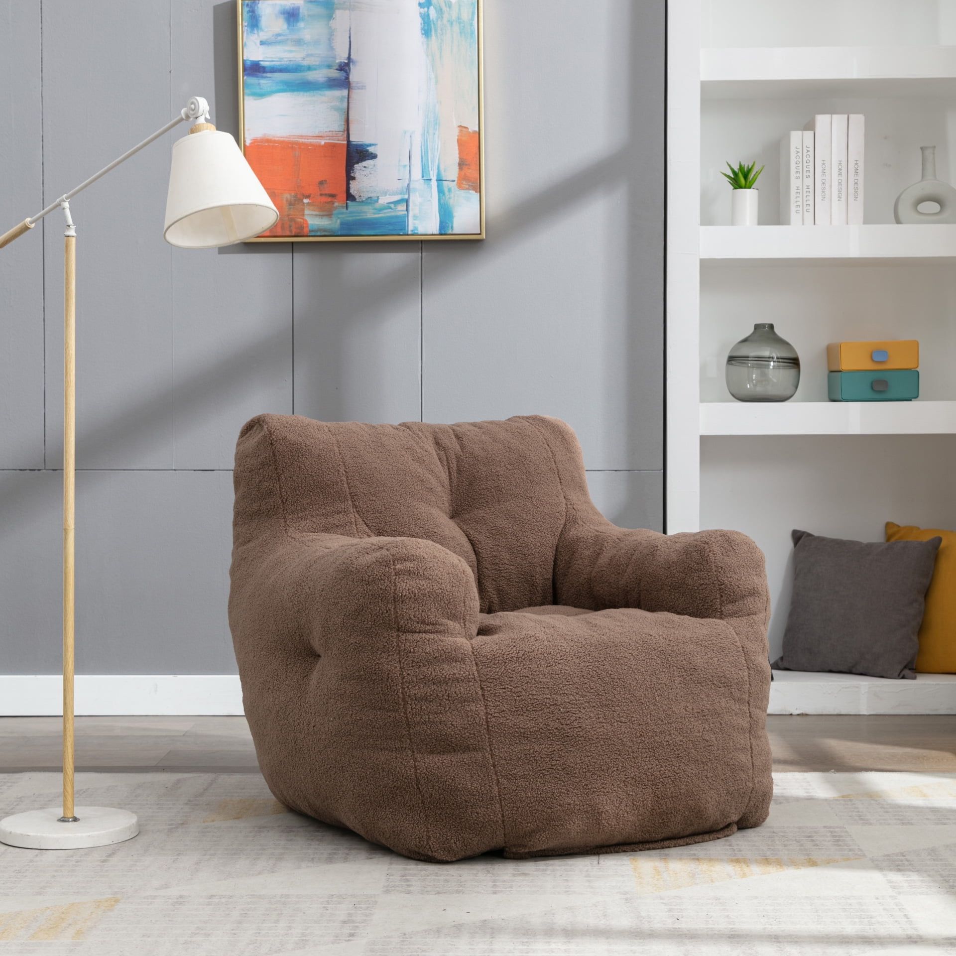 Teddy Fabric Tufted Bean Bag Chair, Bean Bag Sofa Chair With Armrests ... intended for Gewnee Bean Bag Sofa Chair With Armrests Stuffed High-Density Foam, Pink