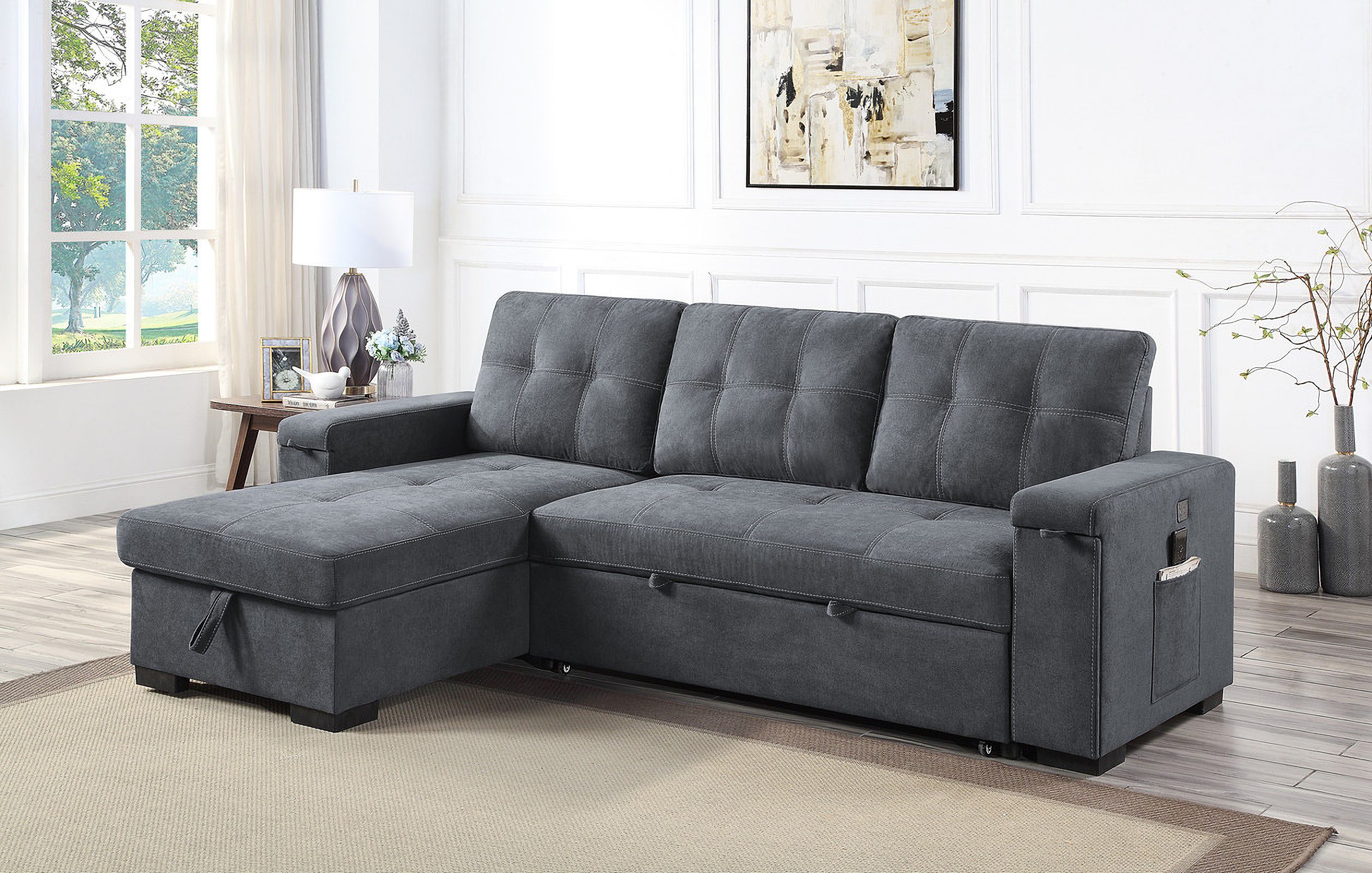 Toby Gray Woven Fabric Reversible Sleeper Sectional Sofa With Storage ... within Nathan Gray Fabric Reversible Sectional Storage Chaise Usb Charging Ports