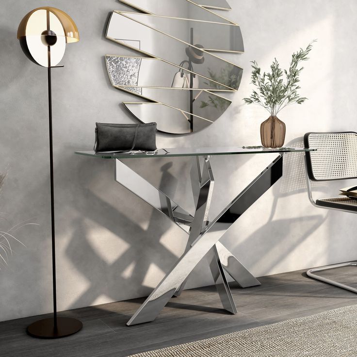 Topher Glam Glass Top And Chrome Crossed Base Sofa Table | Furniture Of ... inside Bowery Hill Glam Glass Top Sofa Table In Black And Silver Finish
