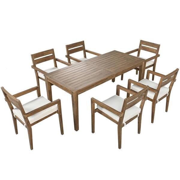 Tunearary 7-Piece Acacia Wood Patio Outdoor Dining Table Set With Beige ... with regard to 7-Piece Acacia Patio Dining Set With Cushions, Dark Brown