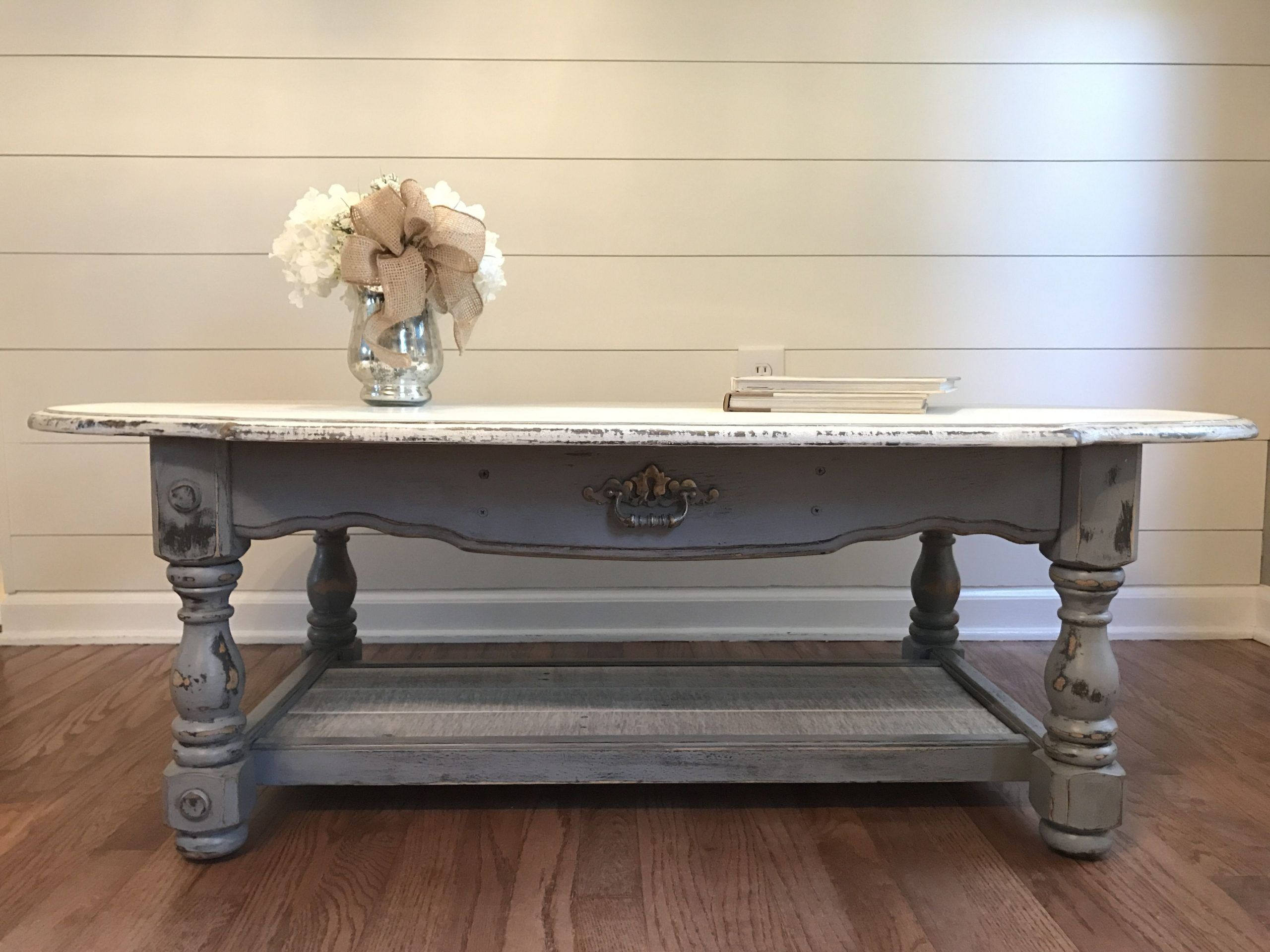 Unique Farmhouse / Shabby Chic Coffee Table Shabby Chic Coffee Table ... in Shabby Chic Entryway Table With Rectangular Wood Top And Curved Base Design, Gray/White
