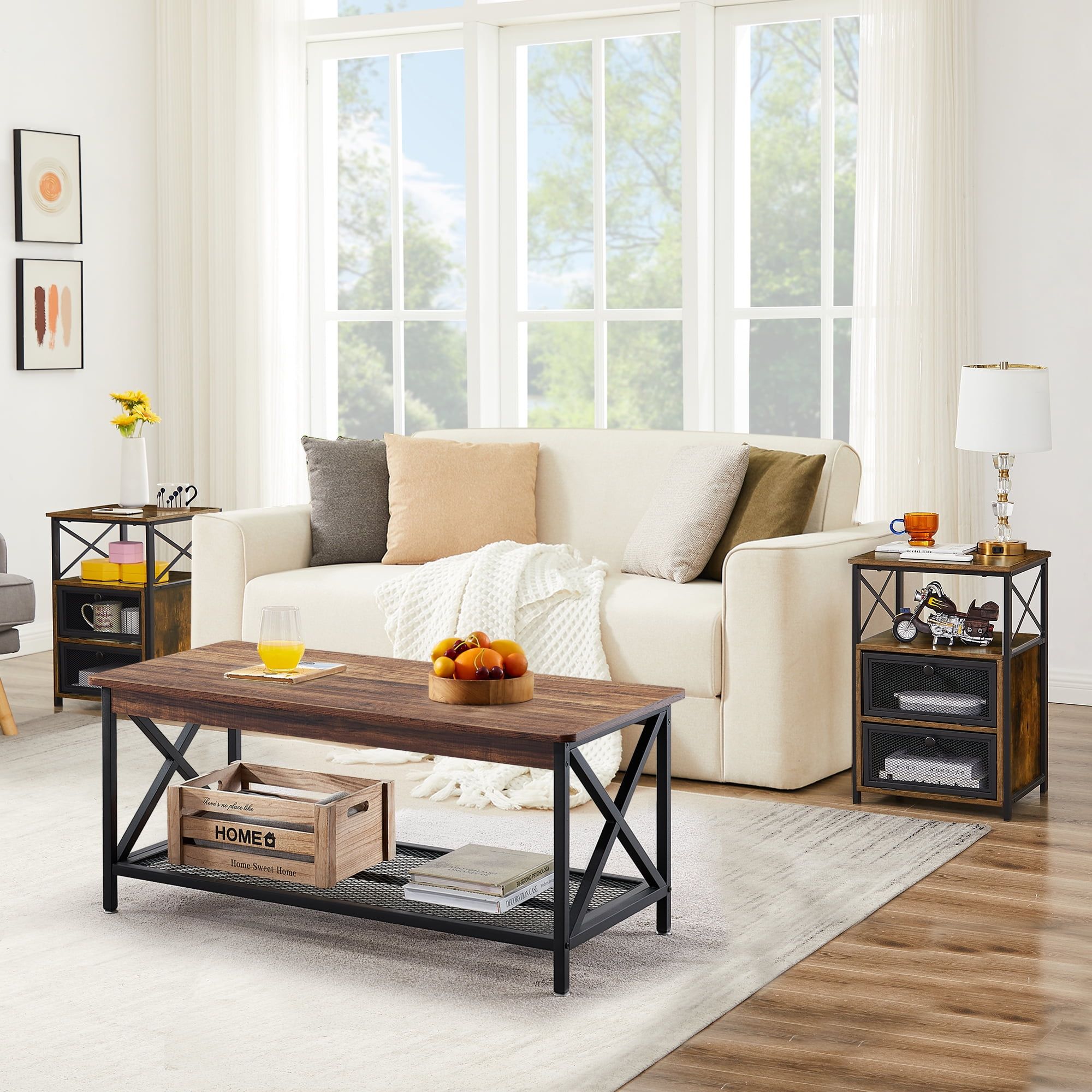 Vecelo 3-Piece Living Room Coffee Table Set With 2 End Tables, Brown ... with Transform Your Home Decor with a Chic Gold 3-Piece Table Ensemble