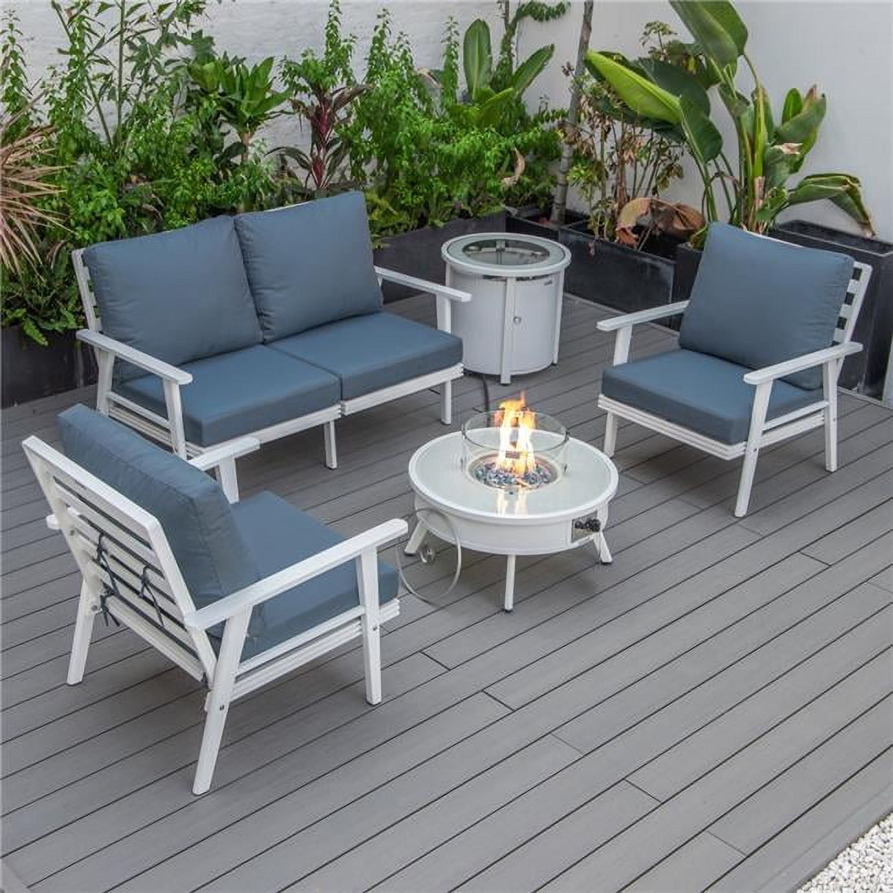Walbrooke Modern White Patio Conversation With Round Fire Pit &amp;amp; Tank ... within Modern White Patio Conversation With Square Fire Pit &amp;amp; Tank Holder, Navy Blue