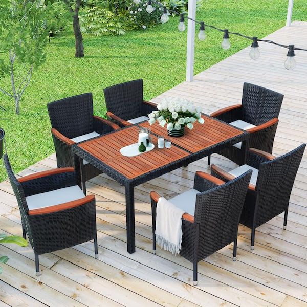 Wayofatry 7-Piece Acacia Wood And Wicker Outdoor Dining Set With Brown ... for Elevating Your Outdoor Dining Experience with Acacia