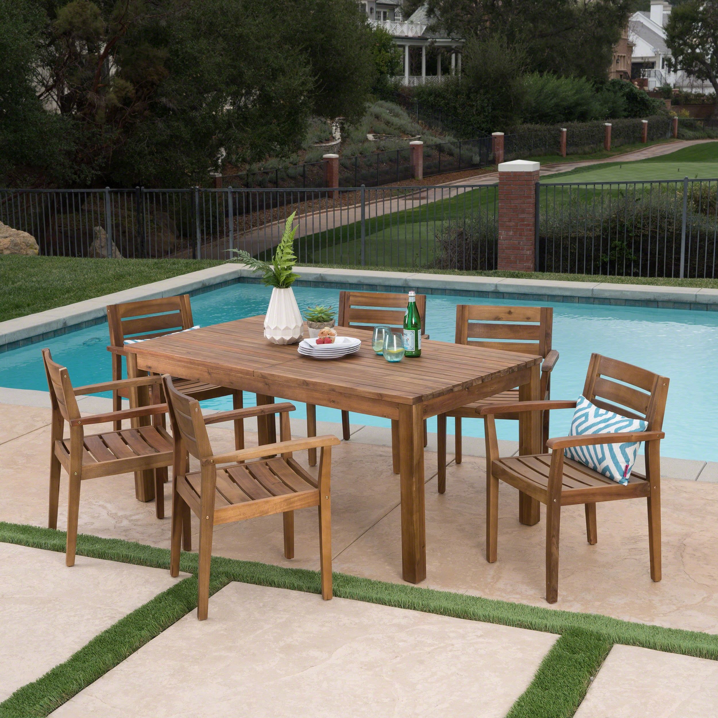 William Outdoor 7 Piece Acacia Wood Dining Set With Expandable Dining ... with regard to Acacia Wood Care Tips for Your GDF Studio Castlelake Set