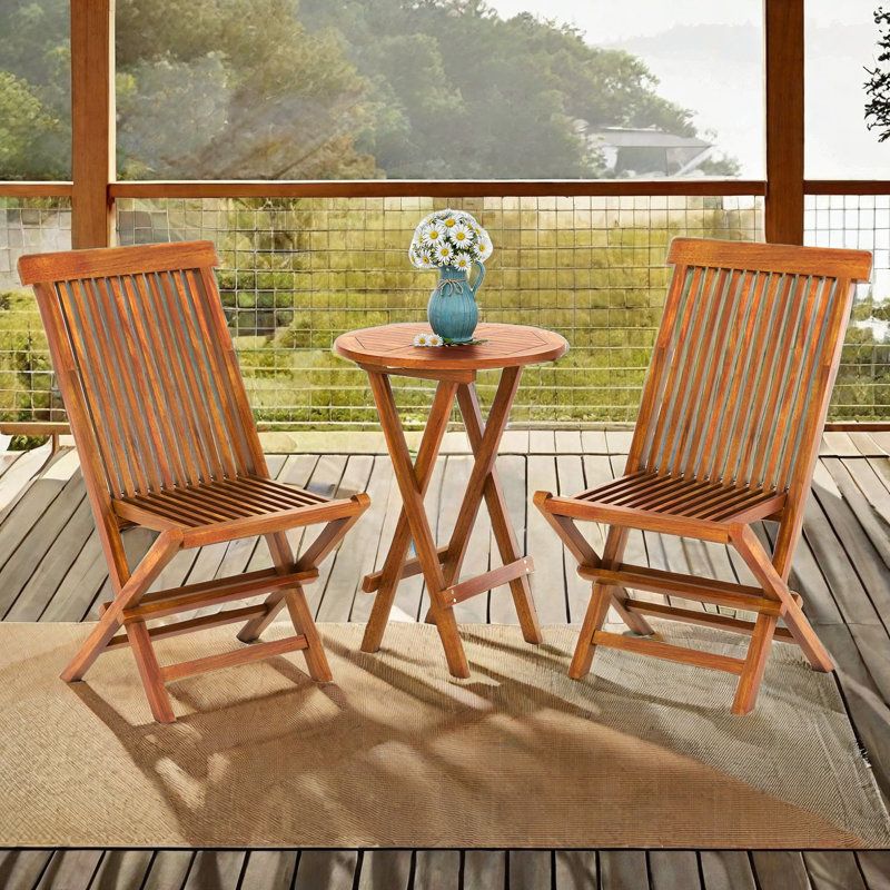 Winston Porter 3 Piece Teak Wood Patio Bistro Set With 2 Folding Chairs ... for 3 Piece Teak Wood Florence Intimate Bistro Patio Dining Set With 2 Arm Chairs