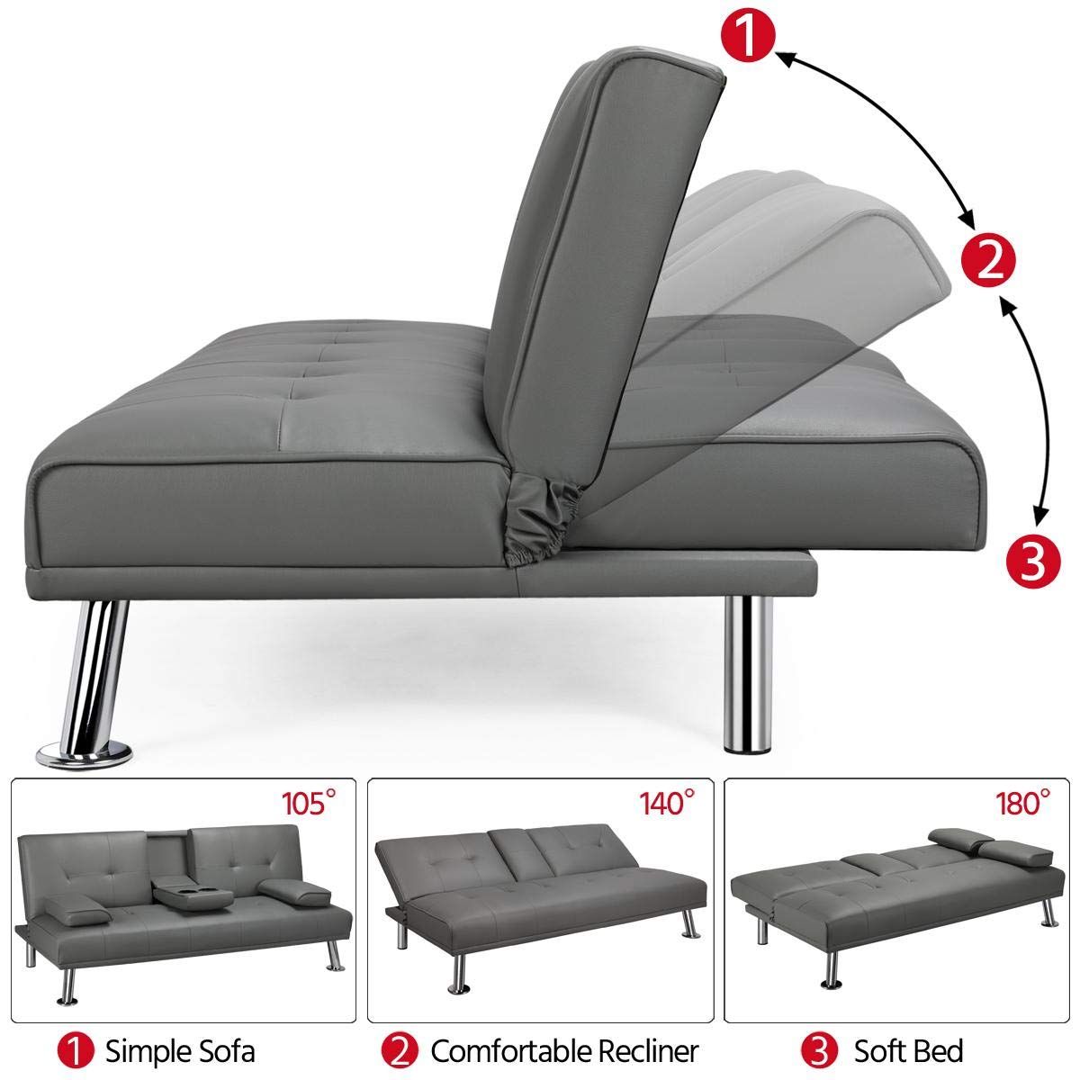 Yaheetech Convertible Sofa Bed Adjustable Couch Sleeper Modern Faux ... with regard to Convertible Loveseat Sofa Bed With Faux Leather Exterior And Compact Design, Gray