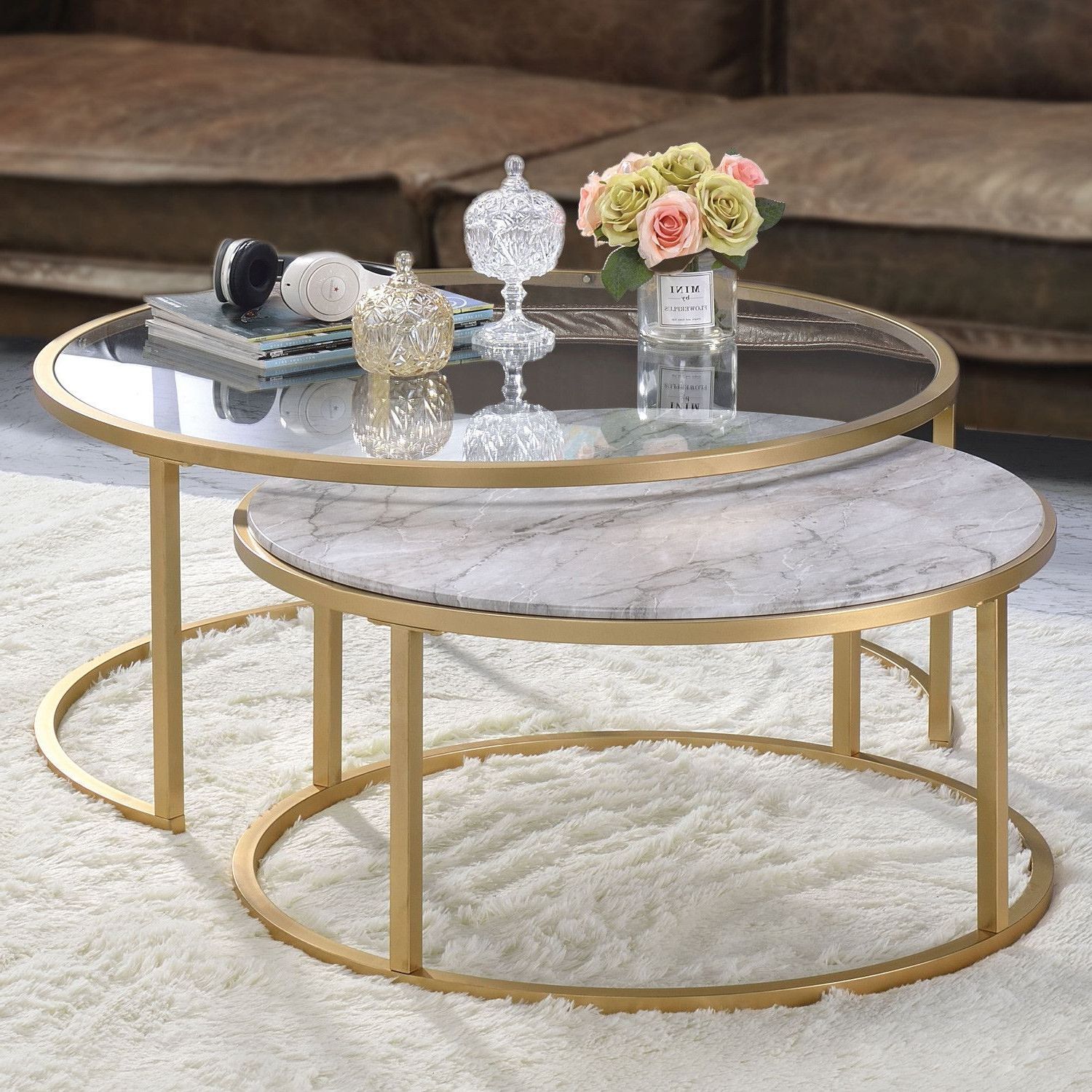 10 The Best Antique Gold Nesting Coffee Tables inside Shanish 2-Piece Nesting Table Set, Faux Marble And Gold